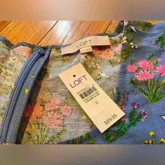 LOFT Blue Floral Babydoll Mini Dress Puff Sleeve Women’s Size 8 Linen Blend NWT - Picture 3 of 12